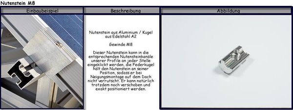 10 Stück Alu Nutenstein, einschwenkbar, mit Edelstahl Federkugel, M8 Gewinde