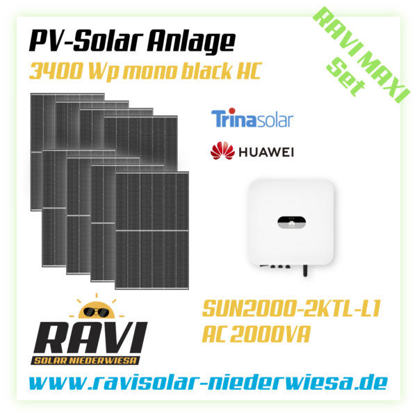 RAVISet PV 3400Wp Trina Vertex S Mono Module, Hybridwechselrichter Huawei SUN2000L-2KTL-L1, WLAN