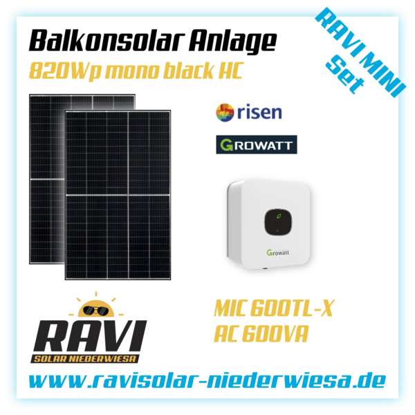 RAVISet Balkonkraftwerk 820Wp RISEN RSM40-8-410 Solarmodule, Growatt MIC 600TL-X, WLAN