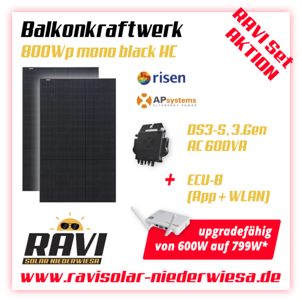 RAVISet  Aktion Balkonkraftwerk 800Wp RISEN Solar, APSystems DS3-S 600W, WLAN , upgradefähig 799W
