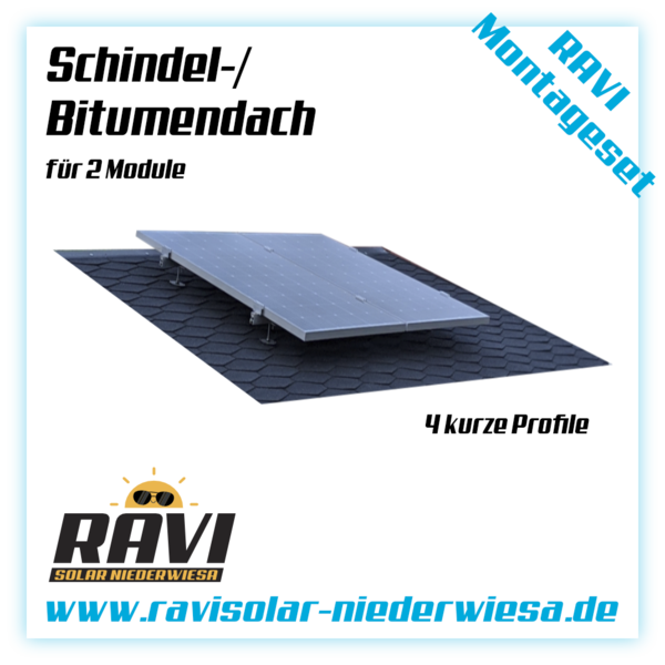 Montageset Schindel / Bitumendach 2 Module hochkant - Dachhaken - 4 kurze Profile 1,20m