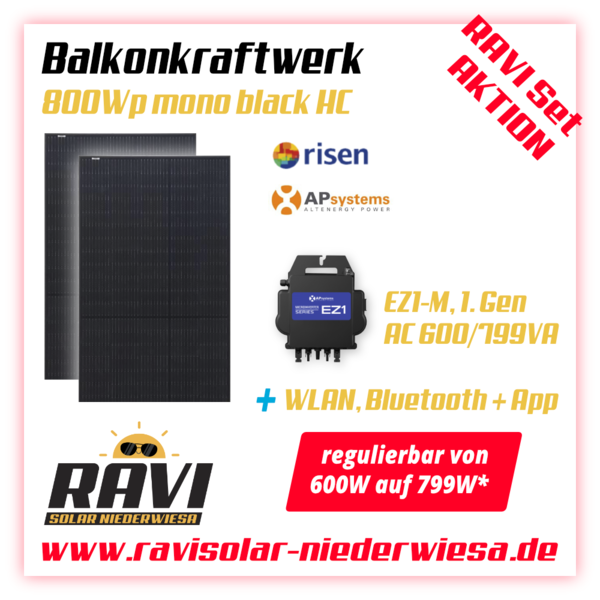 RAVISet Aktion Balkonkraftwerk 800Wp RISEN Solar, APSystems EZ1-M 600-799W, WLAN