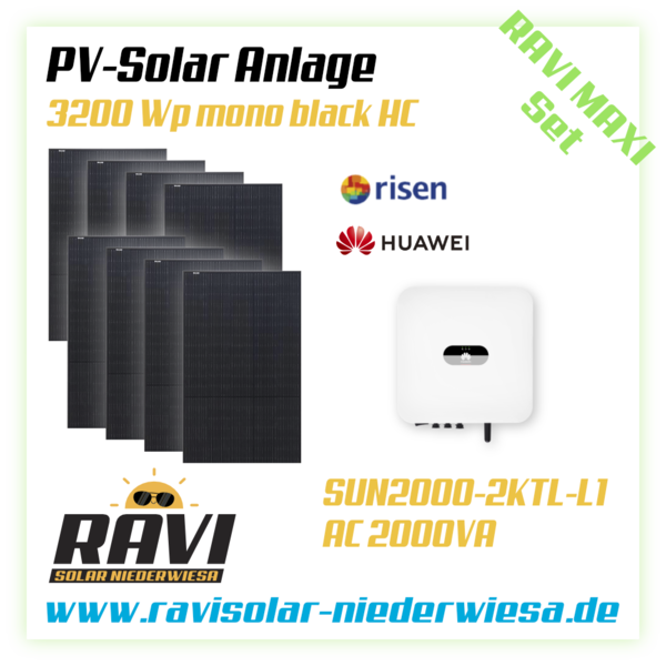 RAVISet PV 3200Wp RISEN black  Solarmodule, Wechselrichter Huawei SUN2000L-2KTL-L1, WLAN