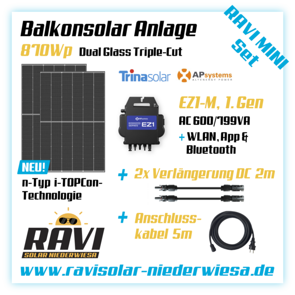RAVISet Balkonkraftwerk 870Wp Trina Solar glas-glas n-Typ i-TOPCon, APSystems EZ1-M 600-799W, WLAN