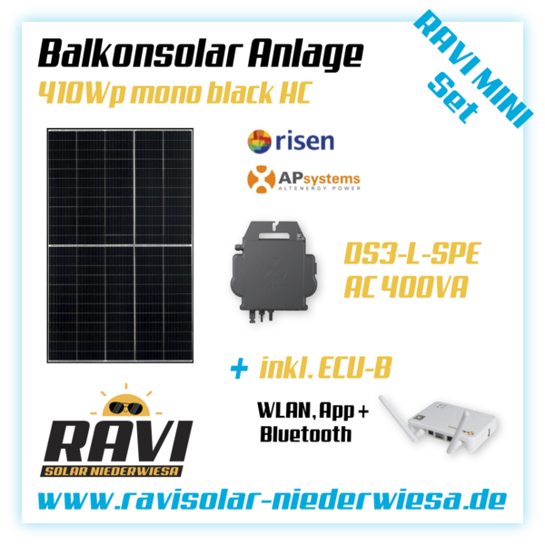 RAVISET Balkonkraftwerk 410Wp HC RISEN Solar, APSystems DS3-L-SPE 400W mit ECU-B, WLAN