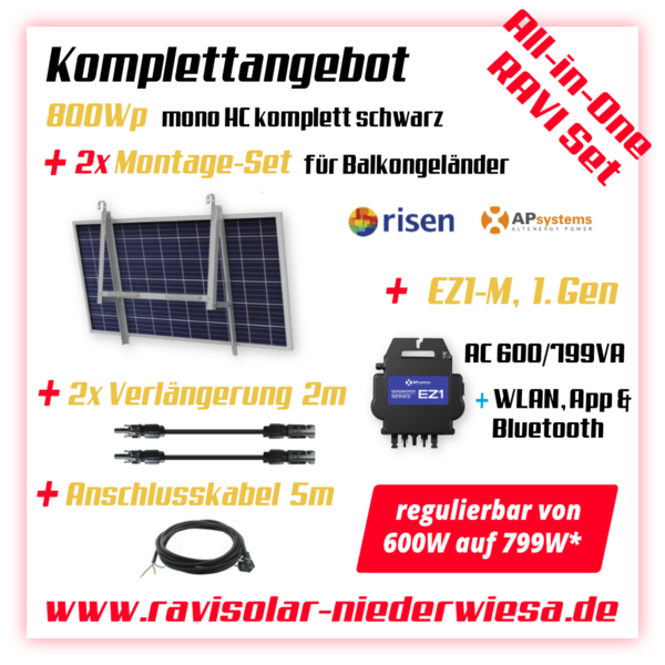 RAVI Komplettset 800Wp RISEN Solar, APSystems EZ1-M 600-799W, WLAN, Balkongeländer