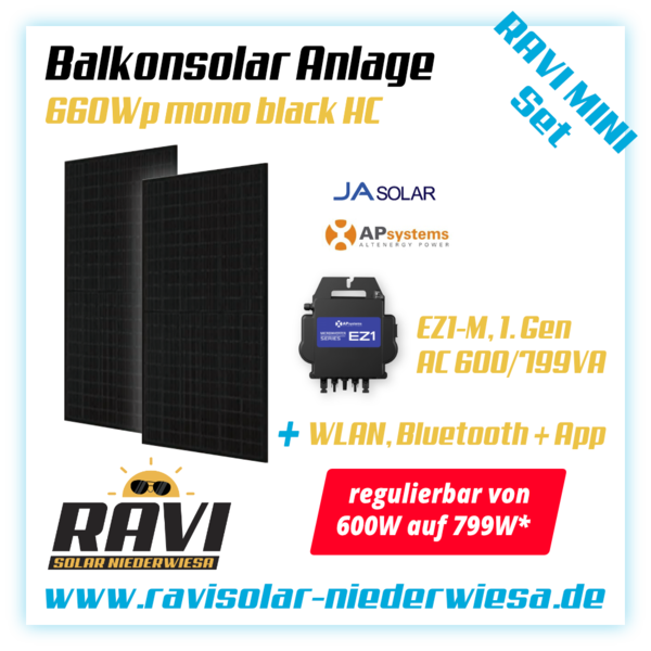 Starterset - RAVISet Balkonkraftwerk 660Wp HC JA Solarmodule, WR APSystems EZ1 600-799VA, WLAN
