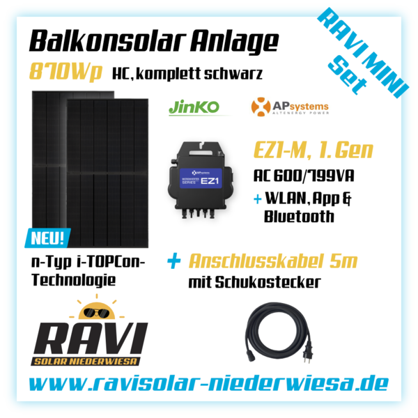RAVISet Balkonkraftwerk 870Wp Jinko Solar n-Typ i-TOPCon fullblack, APSystems EZ1-M 600-799W, WLAN