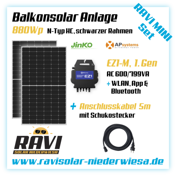 RAVISet Balkonkraftwerk 880Wp Jinko Solar n-Typ black frame, APSystems EZ1-M 600-799W, WLAN