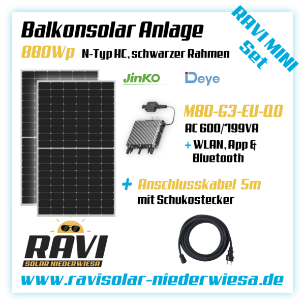 RAVISet Balkonkraftwerk 880Wp Jinko Solar n-Typ black frame, Deye SUN-M80G3-EU-Q0 600-800W, WLAN