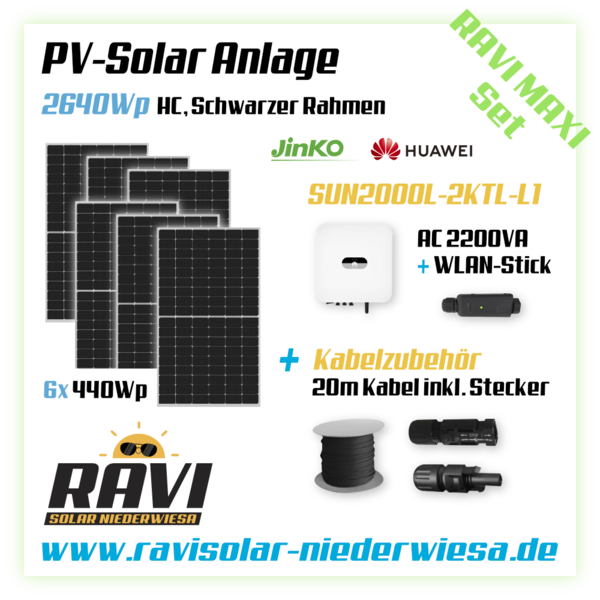 RAVISet PV 2640Wp Jinko Module, Hybrid Wechselrichter Huawei SUN2000L-2KTL-L1, WLAN