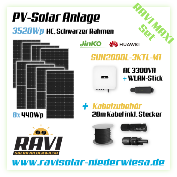 RAVISet PV 3520Wp Jinko Module, Hybrid Wechselrichter Huawei SUN2000L-3KTL-M1, WLAN
